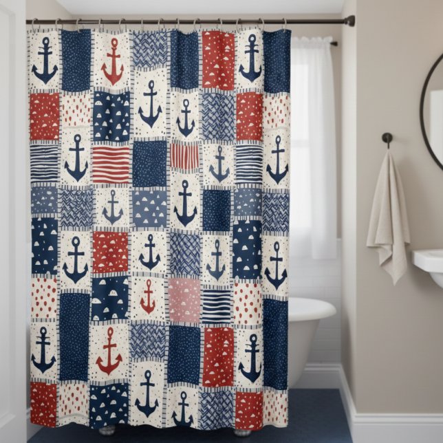 Cortina Para Box Nautical Anchor Shower Curtain (nautical anchor patchwork navy blue red white shower curtain)