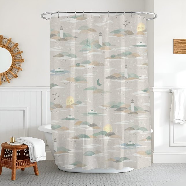 Cortina Para Box Nautical Bath Seattle Ferry Neutral Lighthouse (PNW-inspired shower curtain with ferries, evergreens & lighthouses in soft greige-green tones.)