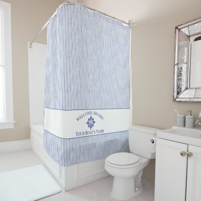 Cortina Para Box  Nautical Stripe Monogram Boat Name Shower Curtain (In Situ)