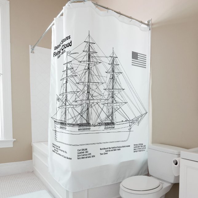 Cortina Para Box Navio Clipper Flying Cloud - Planta do Navio BD (Clipper Ship Flying Cloud - Ship Blueprint BD. Shower Curtain)
