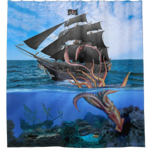 Cortina Para Box Navio de pirata contra o calamar gigante
