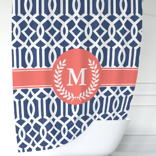 Cortina Para Box Navy e Coral Treliça Marroquina Monograma