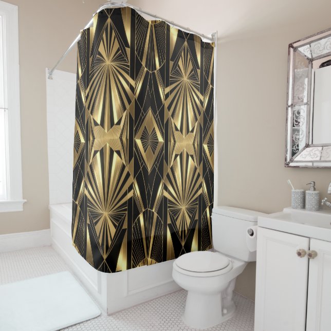 Cortina Para Box Neo Art Deco Black Gold Geometric Gatsby Bathroom (In Situ)