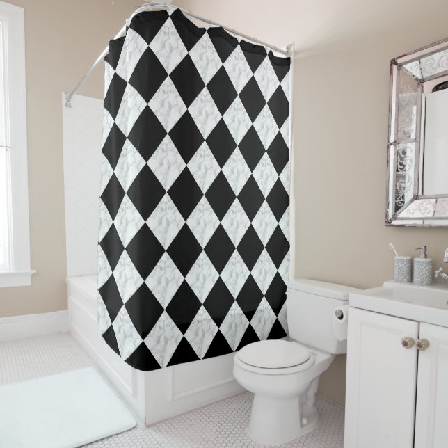 Cortina Para Box Neo Deco Black and Faux White Marble Checkerboard (In Situ)