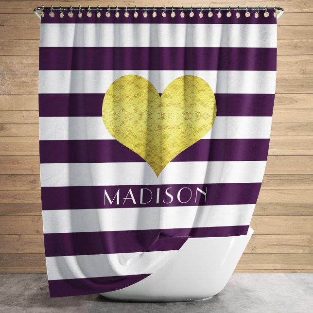 Cortina Para Box Nome das faixas roxas modernas (Purple White Striped Pattern Name Gold Heart Shower Curtain)