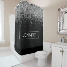 Nome do Monograma Girly Negra Silver Glitter