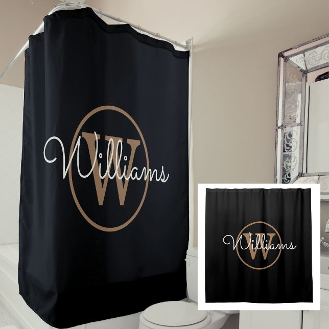 Cortina Para Box Nome do Script do Monograma Dourado Elegante (Elegant Black Gold Monogram Script Name Shower Curtain)
