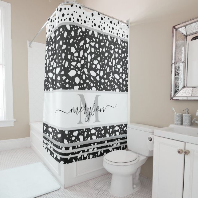 Cortina Para Box Nome Elegante e branco e preto monograma (In Situ)