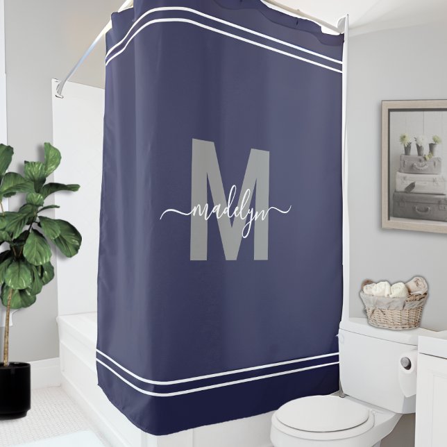 Cortina Para Box Nome Elegante Monograma Azul Marinho (Elegant Name Monogram Navy Blue Shower Curtain)