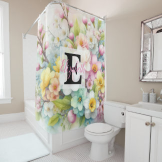 Cortina Para Box Nome monograma em aquarela Flores em pastos