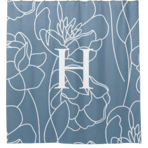 Cortina Para Box Nome Monograma Flor Silvestre Elegante Moderno Azu