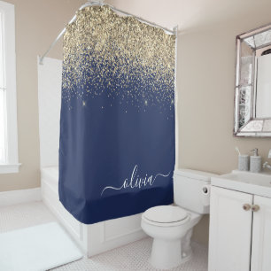 Cortina Para Box Nome Monograma Glitter Azul Marinho Dourado Femini