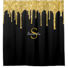 Cortina Para Box Nome Monograma Preto com Pingos de Brilho Dourado