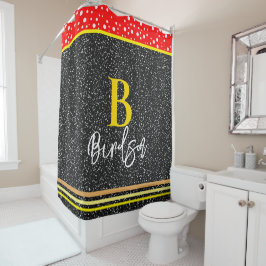 Cortina Para Box Nome & Monograma Único, Vermelho Moderno Dourado e