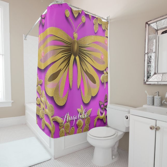 Cortina Para Box Nome Personalizado da Borboleta Dourada Rosa-Quent (In Situ)