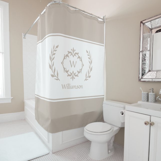 Cortina Para Box Nome Personalizado Monograma Inicial Bege Branco (In Situ)