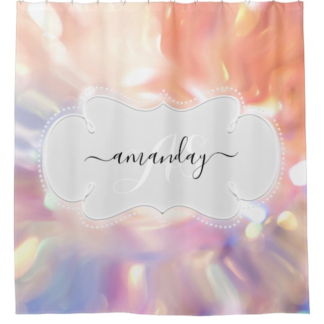 Cortina Para Box Nome Personalizado Monograma Rosa Hológrafo Girly (Frente)