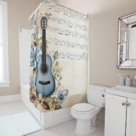 Cortina Para Box Notas Musicais de Guitarra Azul Flores