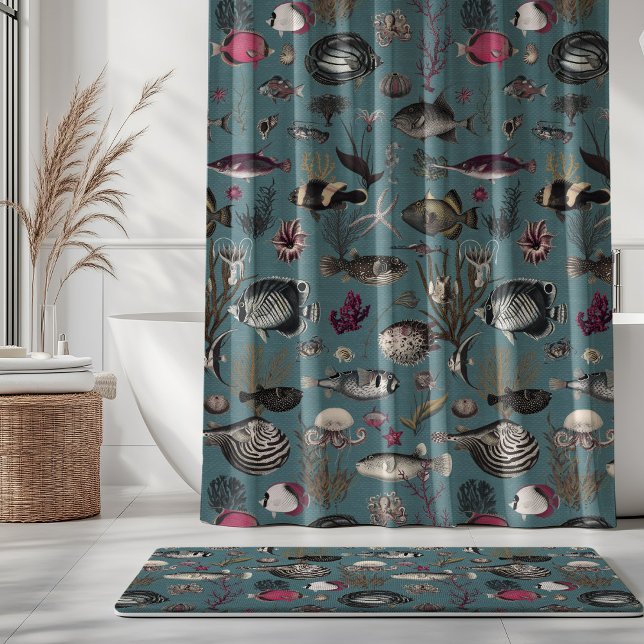 Cortina Para Box Oceania Fuchsia Grey Fishes on Blue Background (Criador carregado)