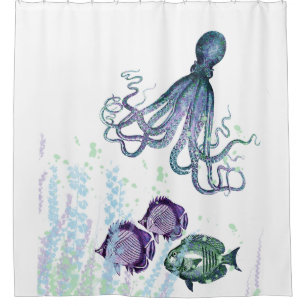 Cortina Para Box Oceano Octopus Indigo Blue Maugo Verde Submarino