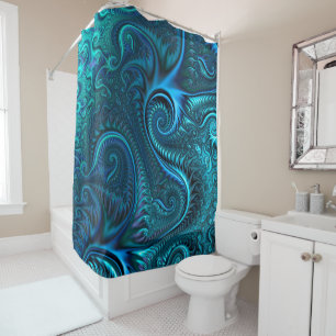 Cortina Para Box Octopus Azul e Teal Padrão Espiral de Tentáculos