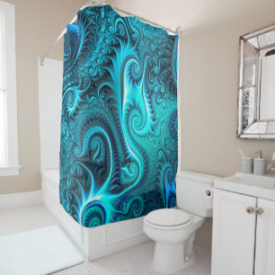 Cortina Para Box Octopus Azul e Teal Padrão Espiral de Tentáculos