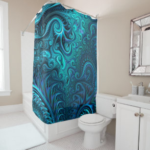 Cortina Para Box Octopus Azul e Teal Padrão Espiral de Tentáculos