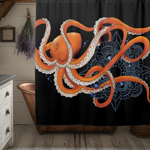 Cortina Para Box Octopus Orange Mandala Blue