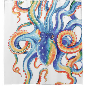 Cortina Para Box Octopus Tentags Colorida Watercolor Art