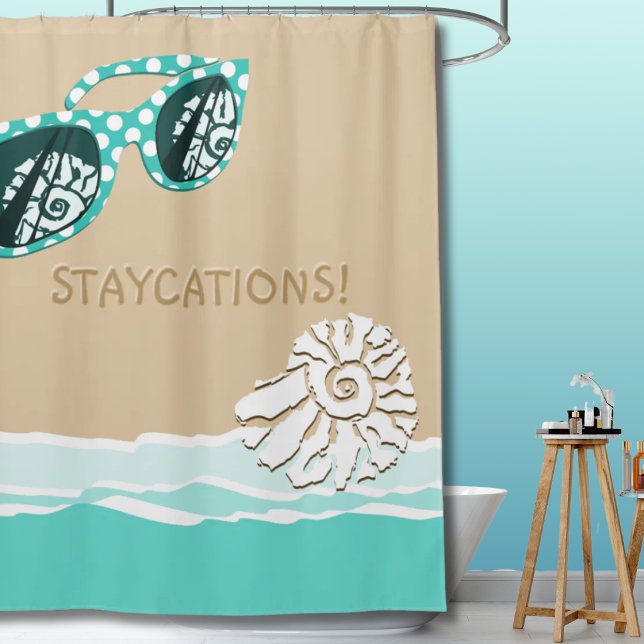 Cortina Para Box Óculos de Sol com Bolinhas Turquesa Staycations (Turquoise Polka Dots Sun Glasses Staycations Shower Curtain)