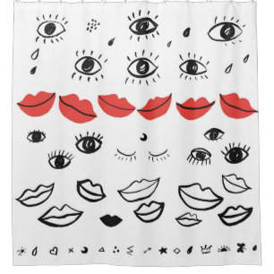 Cortina Para Box Olhos vítreos, padrão de lábios vermelhos.