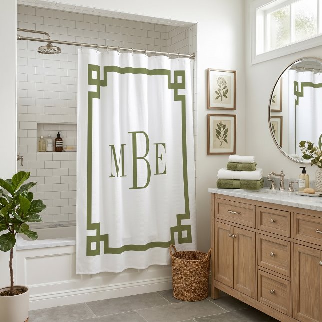 Cortina Para Box Olive Verde e Chave Grega Branca | Monogramada (Criador carregado)