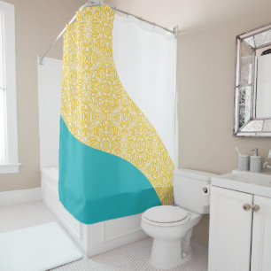 Cortina Para Box Ondas Simples - Turquesa de Padrão Floral e Amarel