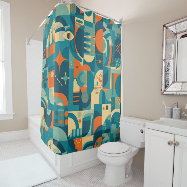 Cortina Para Box Orange and Teal Geometric Abstract (In Situ)