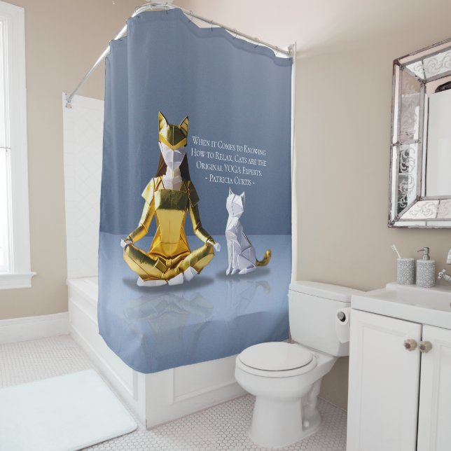 Cortina Para Box Origami Gold Foil Yoga Meditando Mulher-Gato (In Situ)