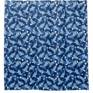 Cortina Para Box Padrão Aquático Azul - Peixe Koi