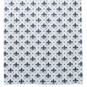 Cortina Para Box Padrão azul escuro Fleur De Lis sobre fundo branco