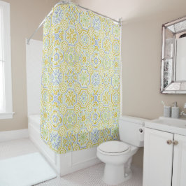 Cortina Para Box Padrão Boho de Azulejo Mediterrâneo em Aquarela