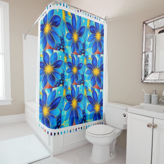 Cortina Para Box Padrão bonito de flores azuis (In Situ)