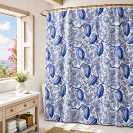 Cortina Para Box Padrão Botânico Azul Toile Única Chic Cacau