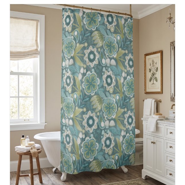 Cortina Para Box Padrão Botânico Boho Floral Turquesa (Criador carregado)