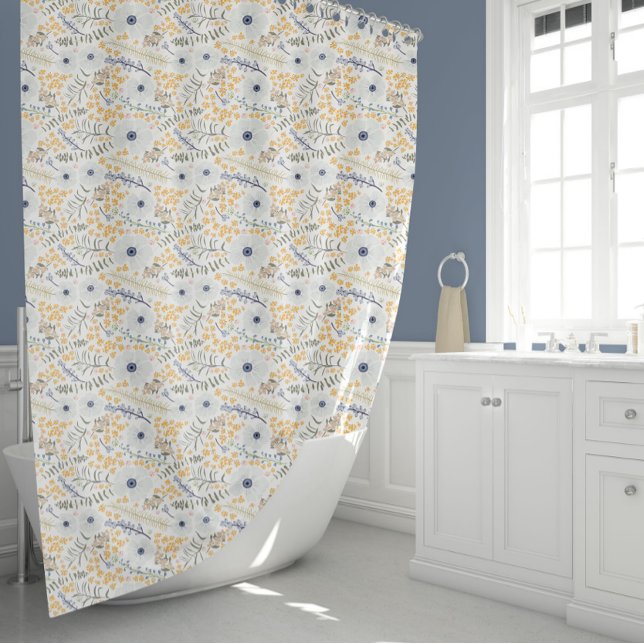 Cortina Para Box Padrão Botânico Floral Amarelo (Sweet Blue Gray Yellow Botanical Floral Pattern Shower Curtain from Studio Posies.)
