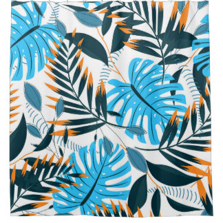 Cortina Para Box Padrão Branco Brilhante de Folhas Tropicais
