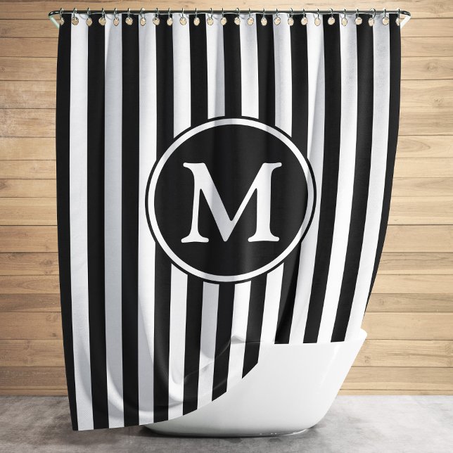 Cortina Para Box Padrão Branco Preto, Monograma Com Emulsão (Black White Pattern Striped Monogrammed Shower Curtain)