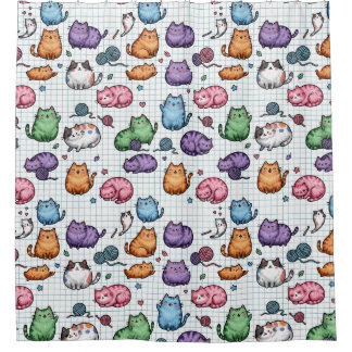 Cortina Para Box Padrão Colorido de Gatos Fofo e Gordinhos em Papel