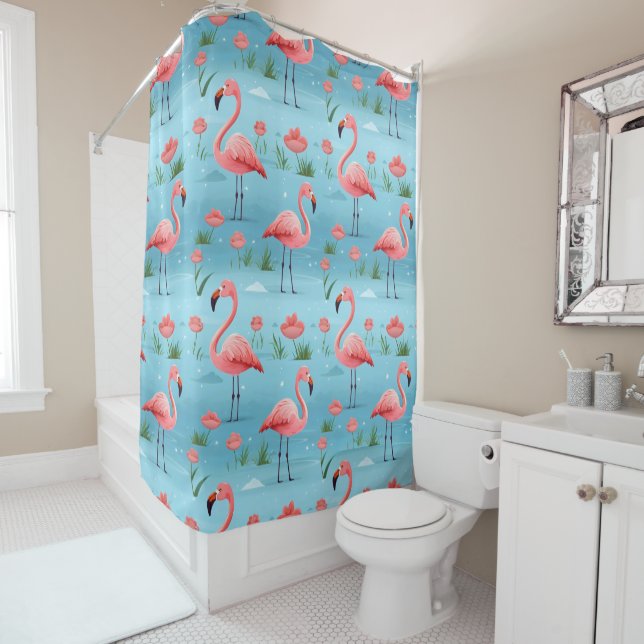 Cortina Para Box Padrão de Água Azul Flamingo (In Situ)