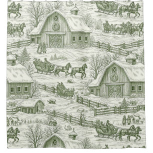 Cortina Para Box Padrão de Aldeia de Natal Vintage Toile Verde (4)