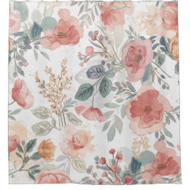 Cortina Para Box Padrão de Aquarela Floral Jardim de Coral Rosado