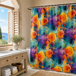 Cortina Para Box Padrão de Arte Fractal Laranja Roxo Teal Vibrante