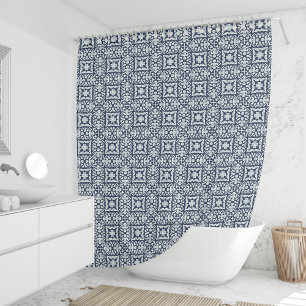 Cortina Para Box Padrão de Azulejo espanhol branco e marinho